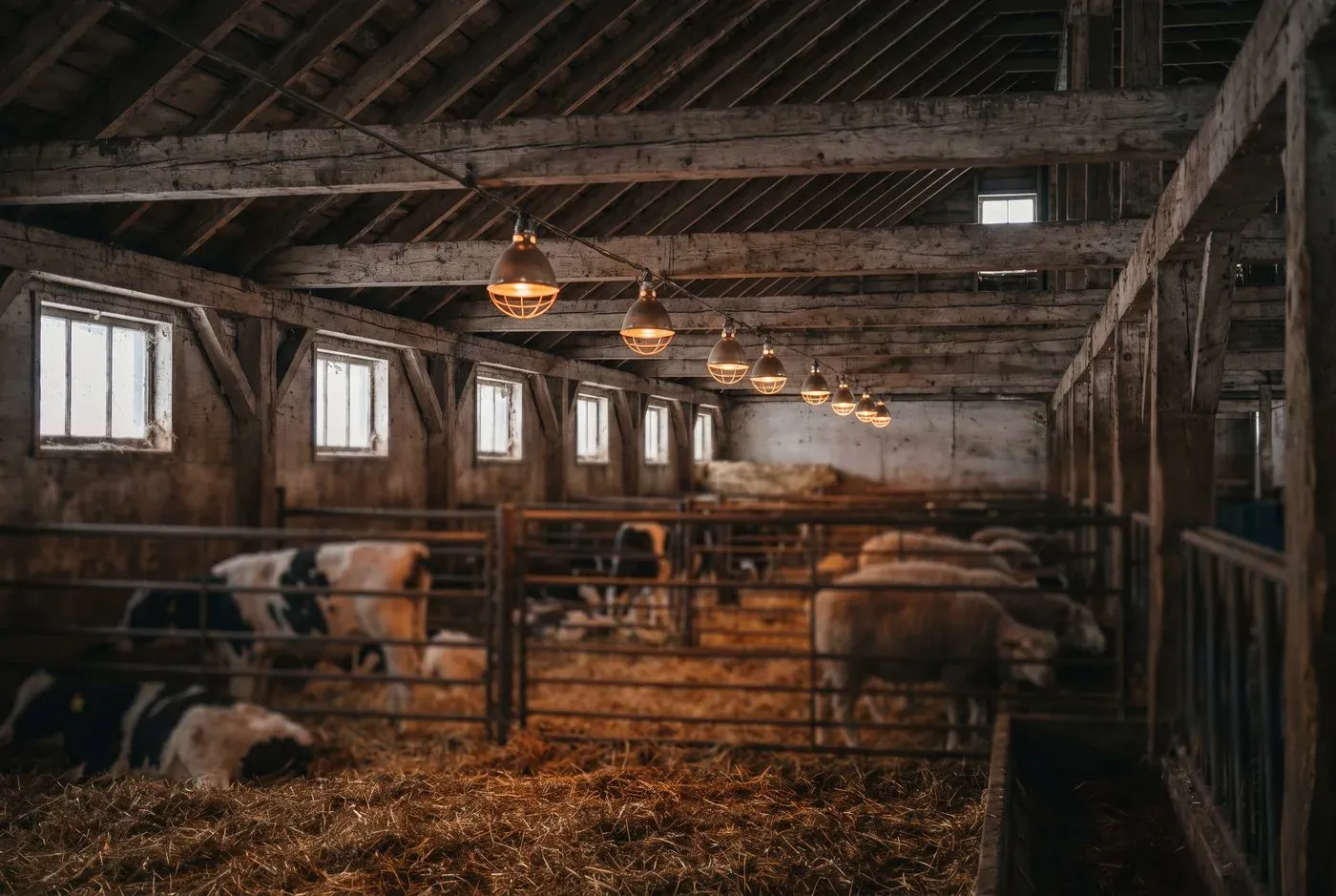 Lampes chauffantes suspendues dans un bâtiment d’élevage