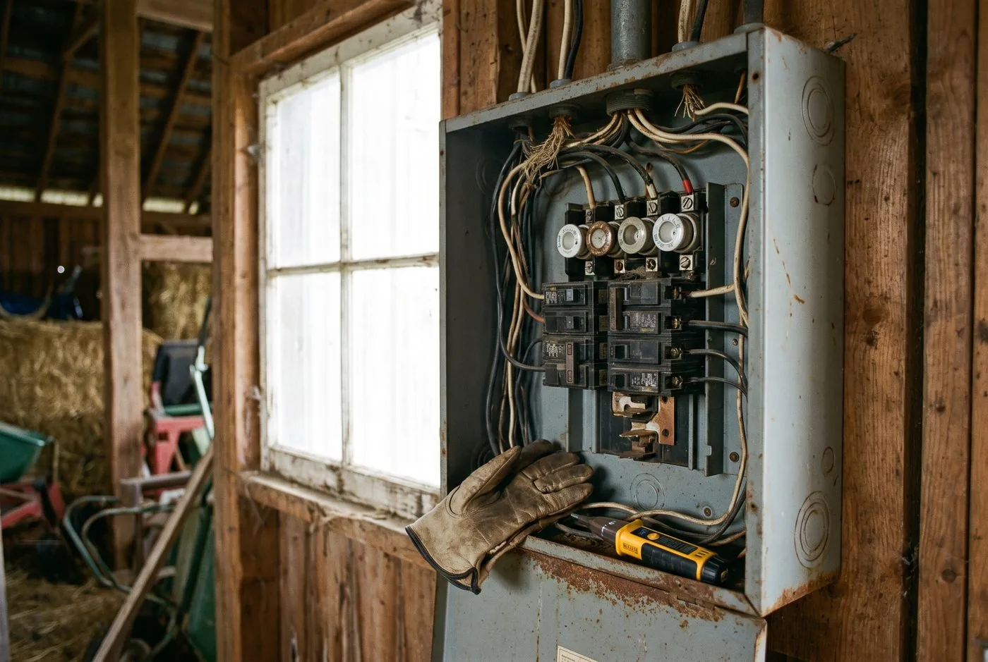 Panneau électrique ouvert dans un bâtiment de ferme
