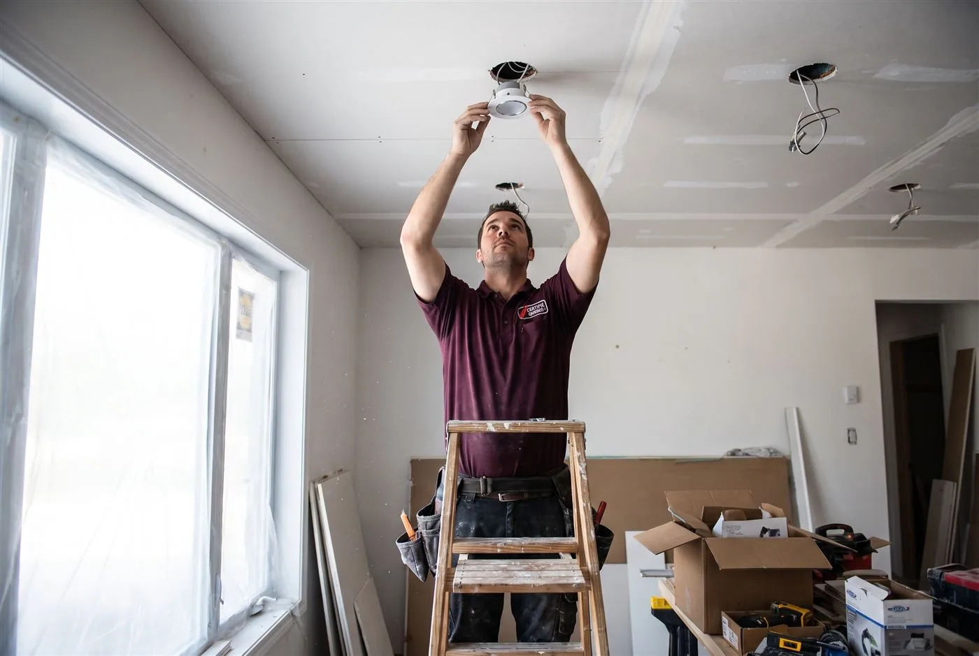 Électricien au travail sur une échelle